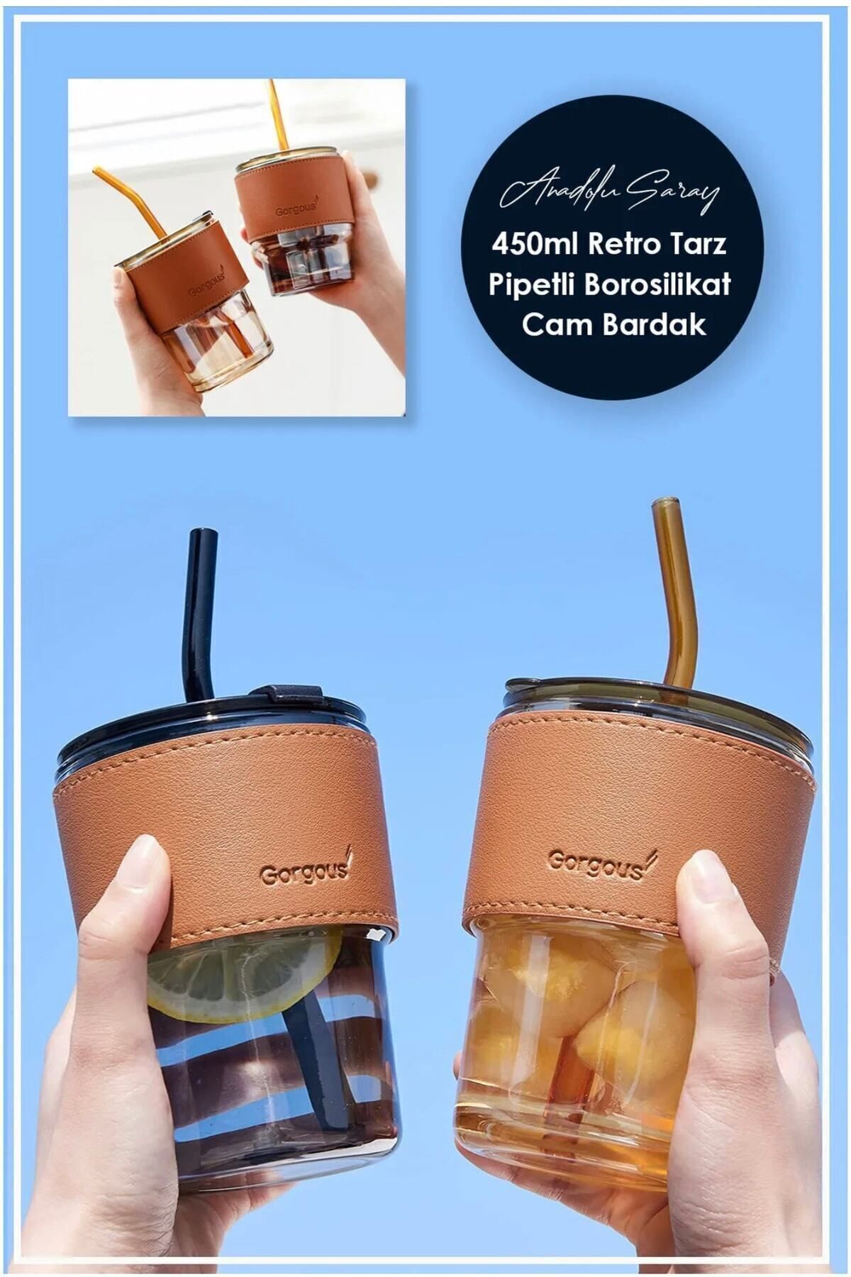 450ml Isıya Dayanıklı Pipetli Borosilikat Retro Deri Şeritli Bardak | Kahve Sunum Bardağı - 1 Adet Kahverengi - Tek Ebat