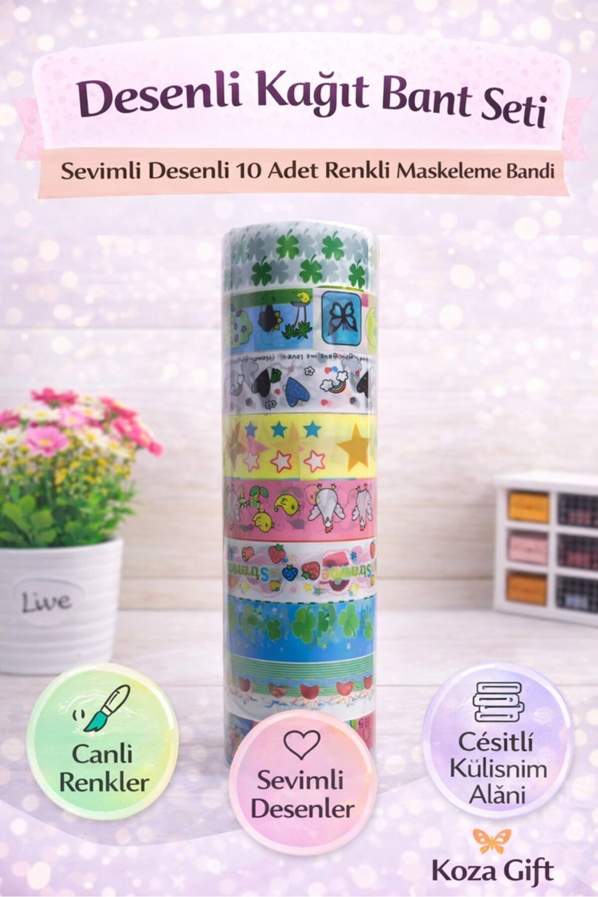 10 Adet Desenli Washi Bant Seti – Renkli Kağıt Bant – Scrapbook, Defter ve Hobi Bandı