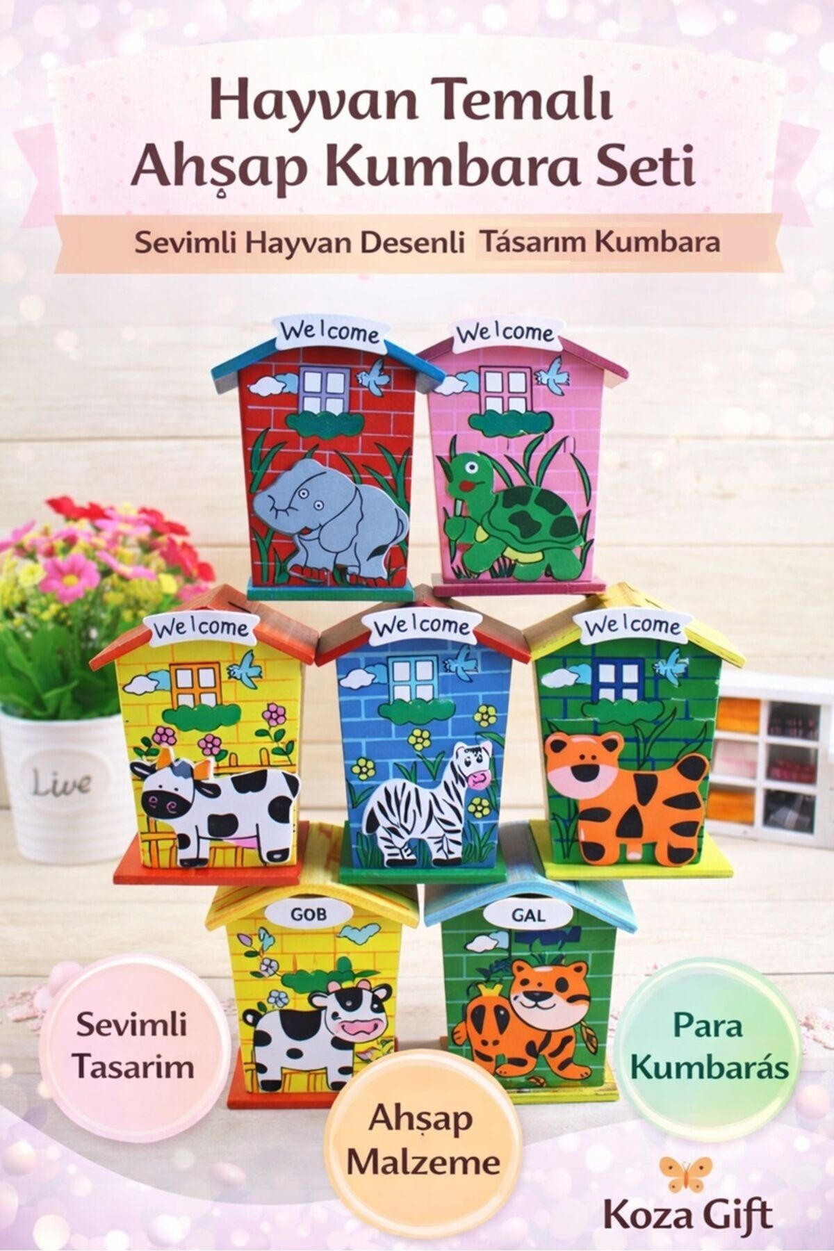 Sevimli Hayvan Desenli Ahşap Kumbara – 1 Adet Dekoratif Para Biriktirme Kutusu