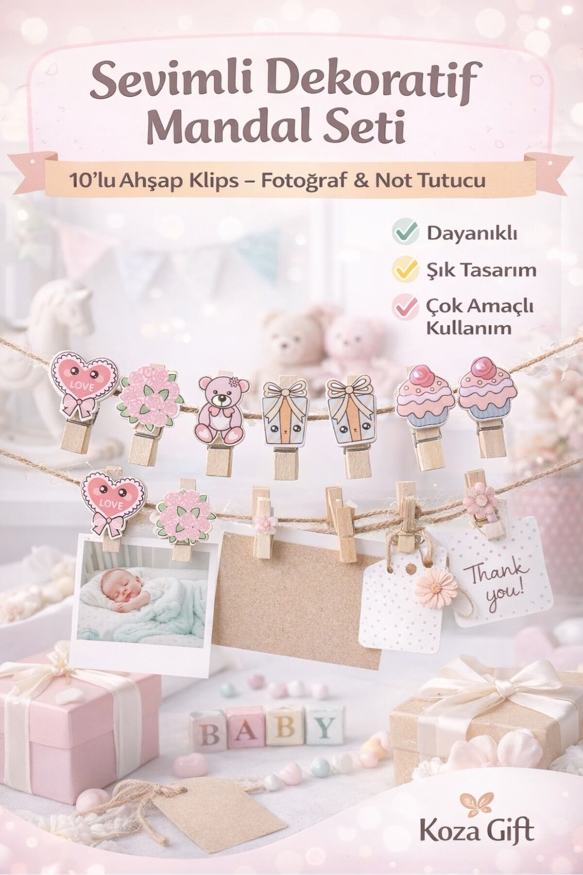 Sevimli Desenli Mandal Seti 10’lu – Ahşap Fotoğraf Not Tutucu Klips – Dekoratif Mandallar