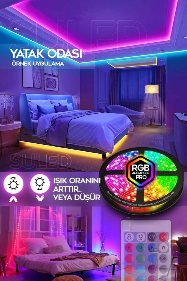 10 Metre Şerit Led 16 Mod Ambiyans Ortam Işığı Tak Çalıştır Kumandalı Trafolu Rgb Şerit Işık