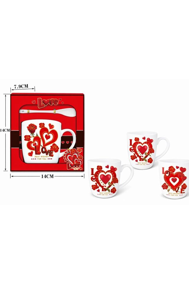 Love Temalı Porselen Kupa & Kaşık Hediye Seti – Kalpli Desenli Aşk Kupası (Kutulu)