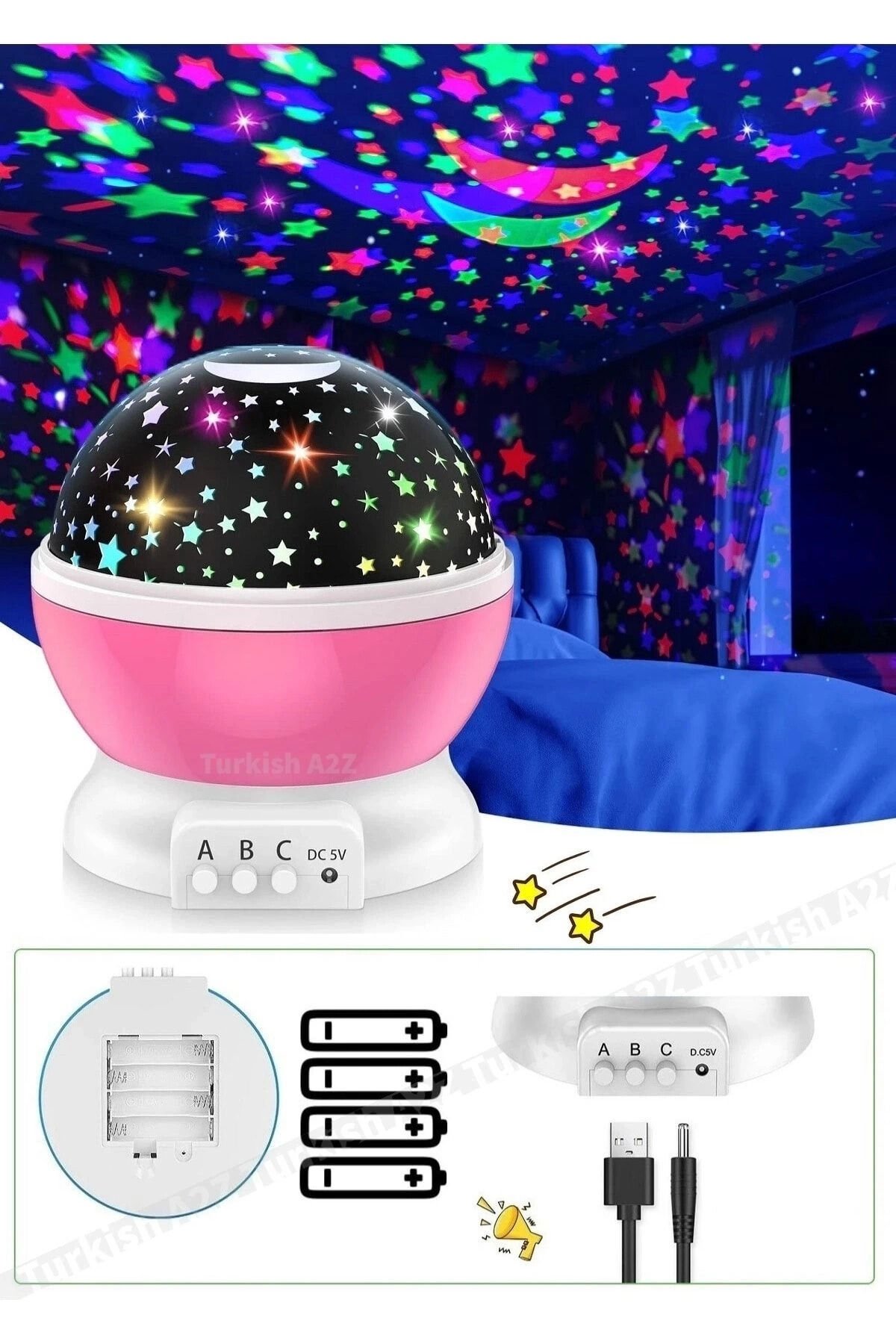 Pembe Dönen Renkli Ay Yıldızlı Gökyüzü Yansıtmalı Projeksiyon Gece Lambası Çocuk Bebek Parti Odası Pembe - Tek Ebat - 20 x 20