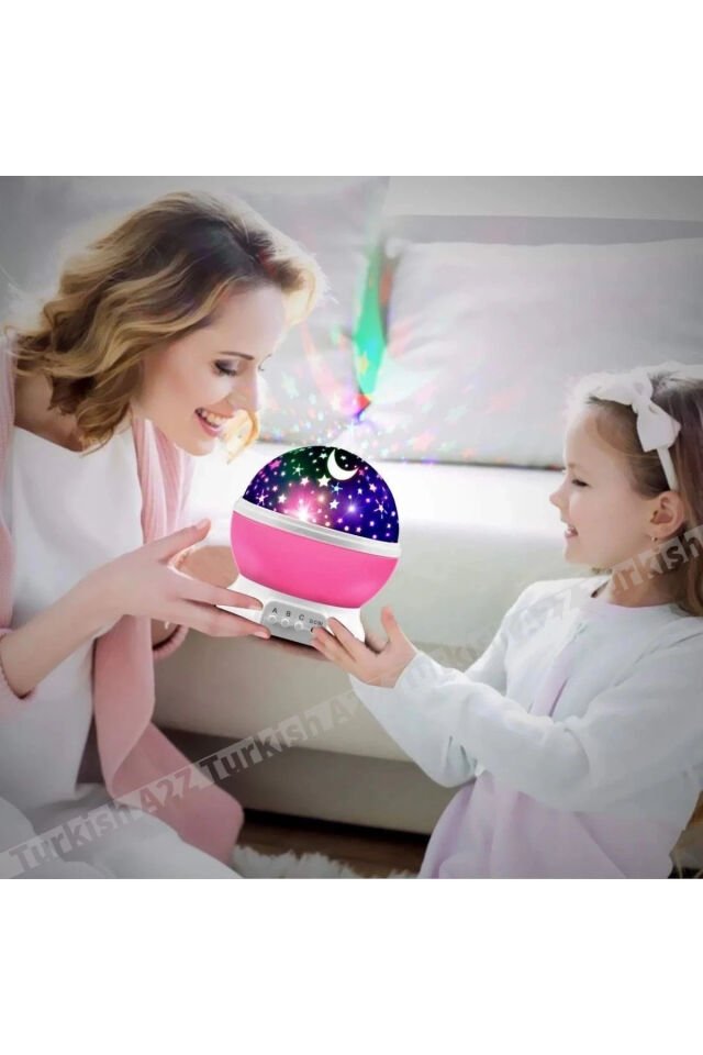 Pembe Dönen Renkli Ay Yıldızlı Gökyüzü Yansıtmalı Projeksiyon Gece Lambası Çocuk Bebek Parti Odası Pembe - Tek Ebat - 20 x 20