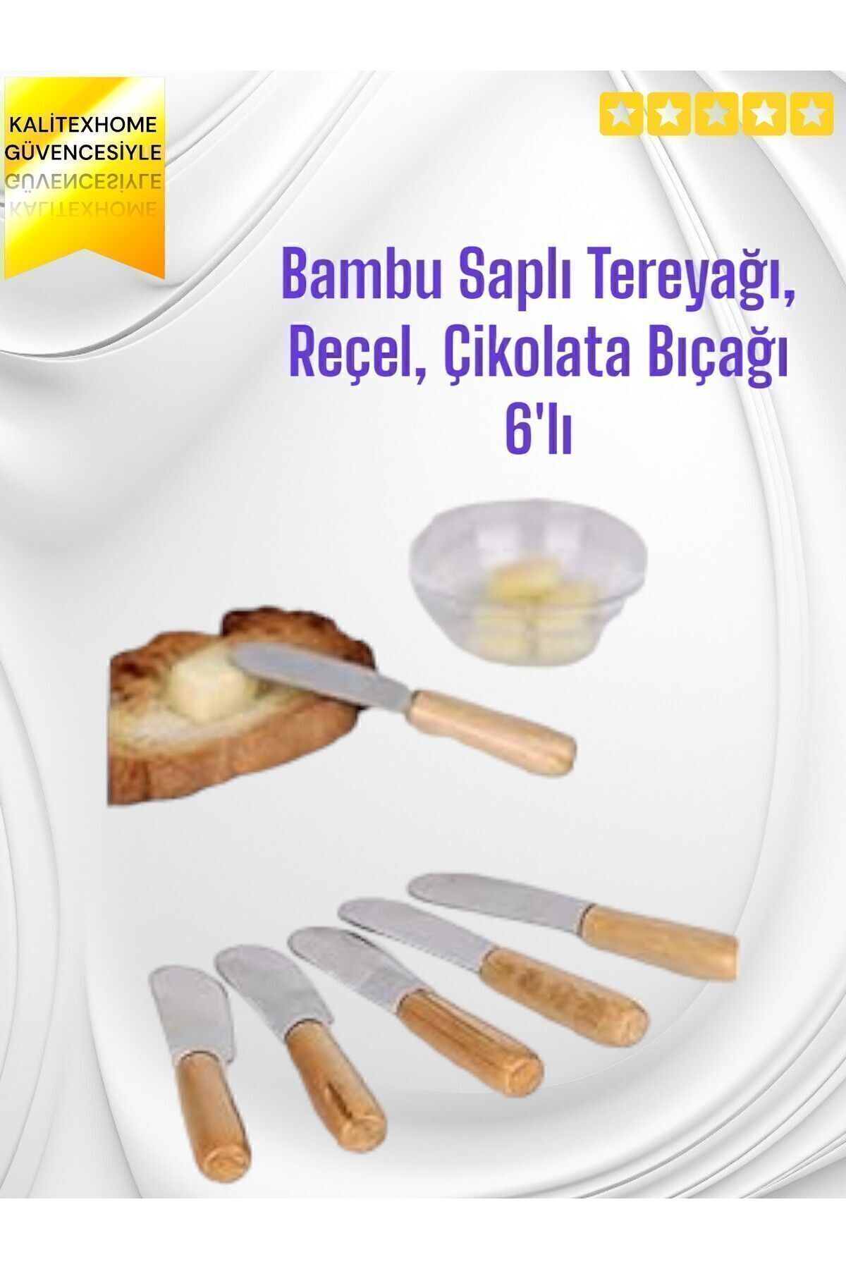 Bambu Saplı Tereyağı, Reçel, Çikolata Bıçağı 6'lı Tek Ebat