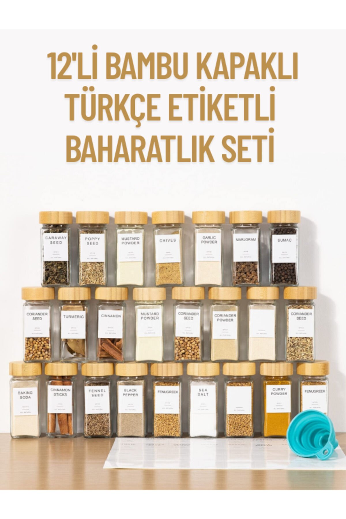 12’li Bambu Kapaklı Kare Cam Baharatlık Takımı Baharatlık Seti - 12 Adet Etiket Hediyeli