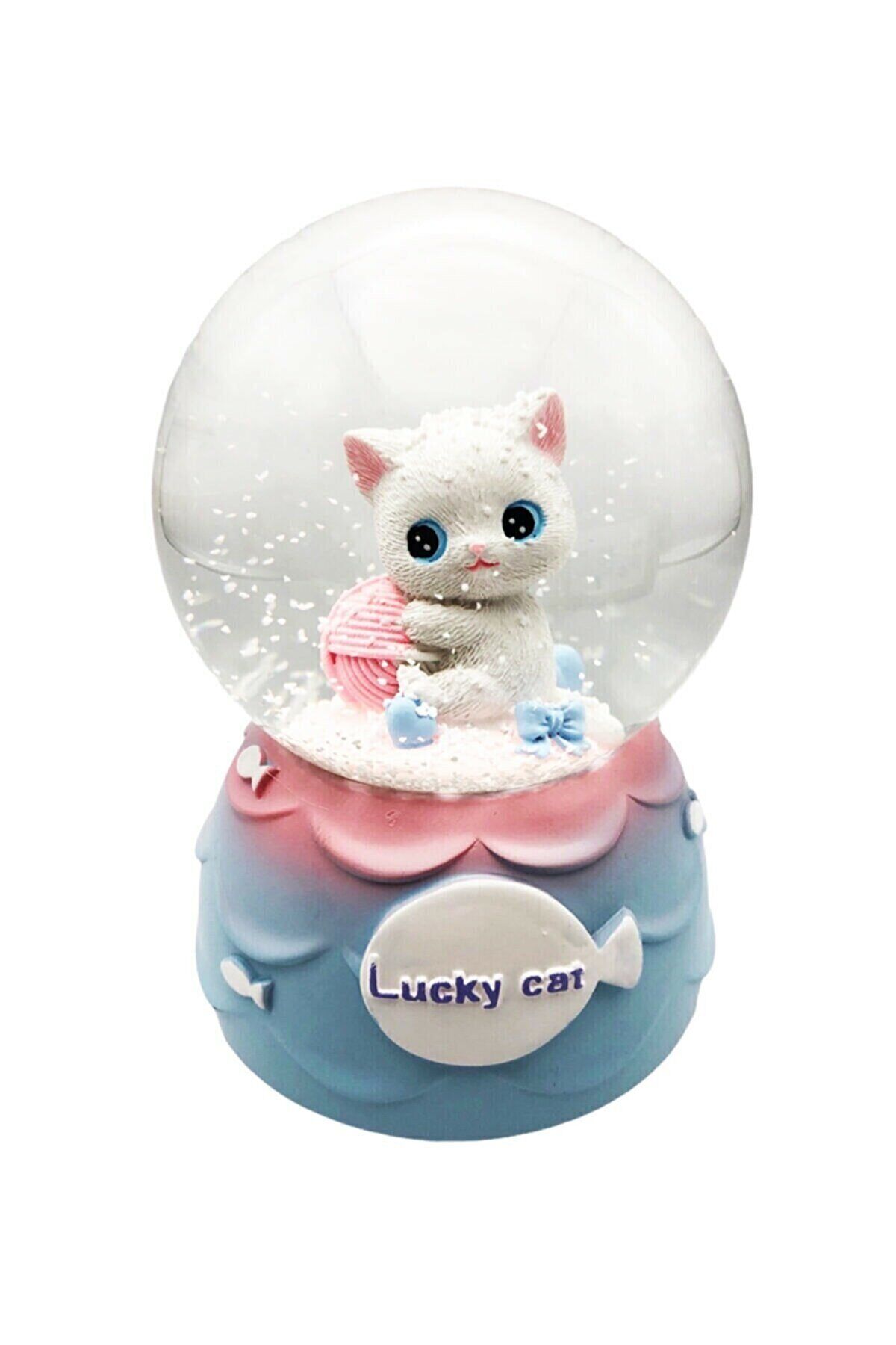 Sevimli Minnoş Kedi Lucky Cat Kar Küresi Orta Boy Hediye Işıklı Müzikli Kar Küresi Beyaz - Tek Ebat