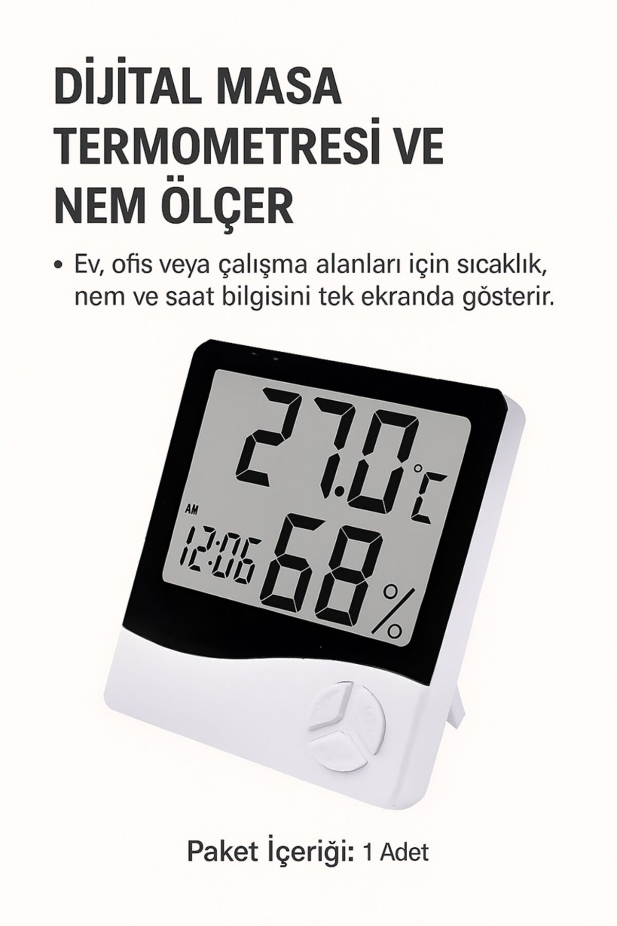 Dijital Masa Termometresi ve Nem Ölçer – Saat Göstergeli LCD Ekran