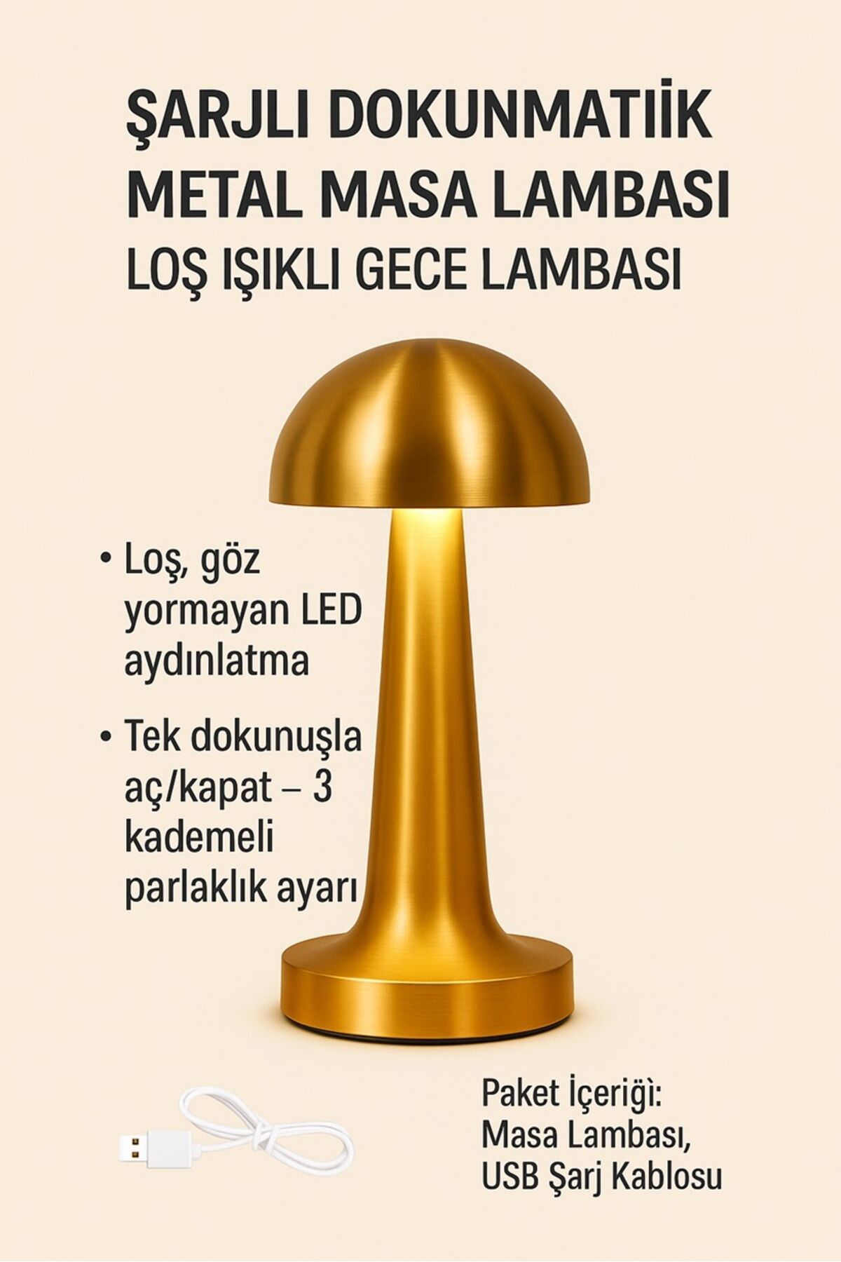 Şarjlı Dokunmatik Metal Masa Lambası – Loş Işıklı Gece Lambası