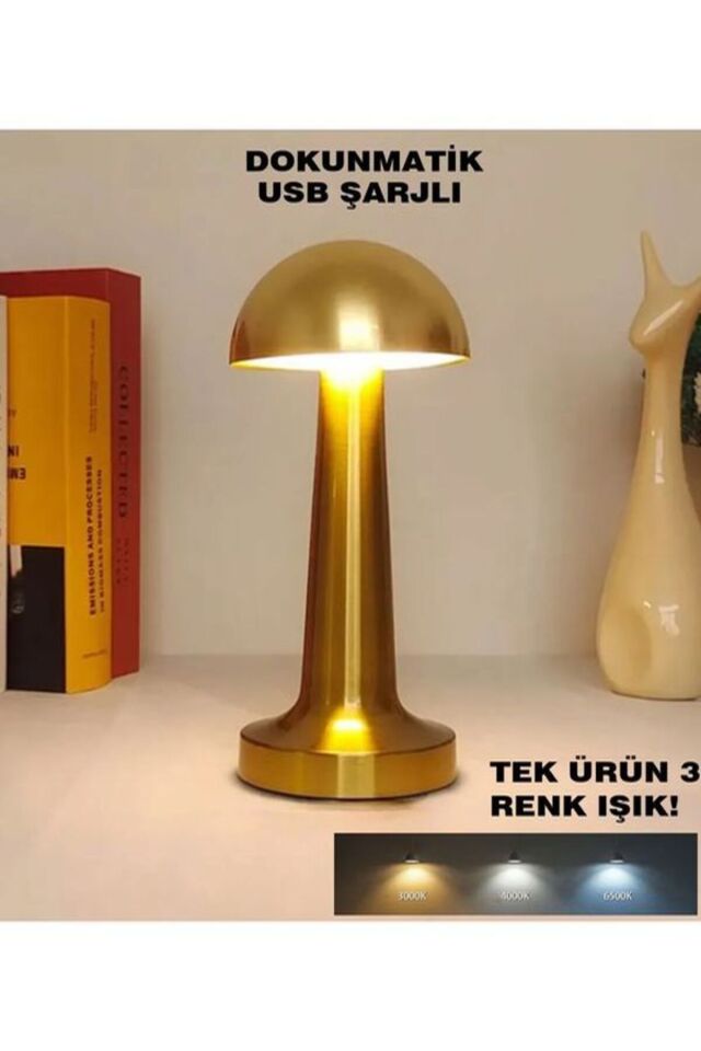 Mantar Masa Lambası Dekoratif Metal Gold Renk Kablosuz Ledli 5v 3renk Dokunmatik Şarjlı