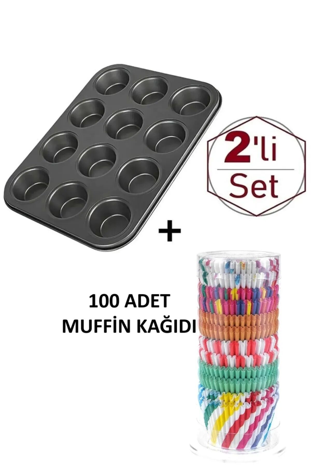 2’li Muffin Seti – 12 Gözlü Muffin Kalıbı + 100 Adet Renkli Muffin Kağıdı