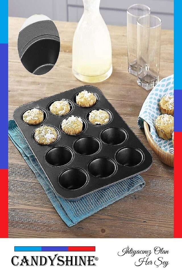 12' Li Teflon Muffin Cupcake Fırın Tepsisi Yapışmaz Çörek Kek