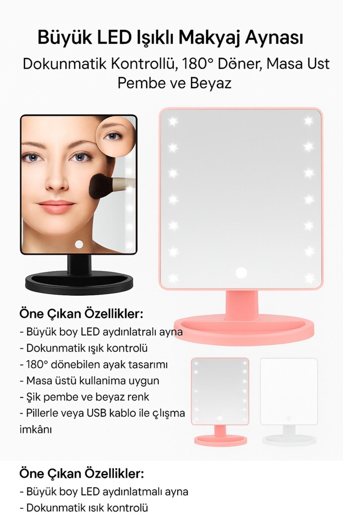 Büyük LED Işıklı Makyaj Aynası – Dokunmatik Kontrollü, 180° Döner, Masa Üstü, Pembe ve Beyaz