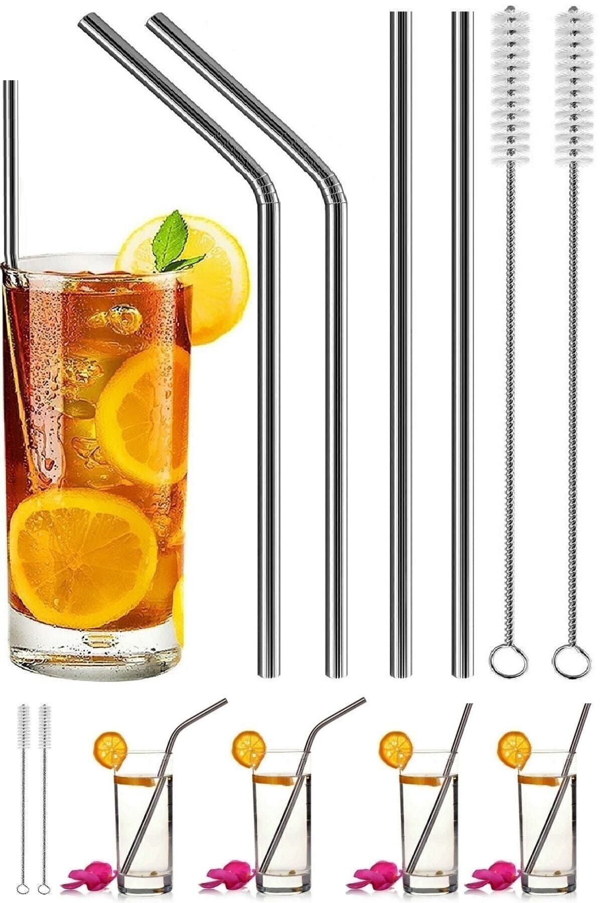 Metal Pipet 6 Parça Paslanmaz Metal Meşrubat Pipeti Ve Çubuk Pipet Temizleme Fırça Seti Metalik - Tek Ebat
