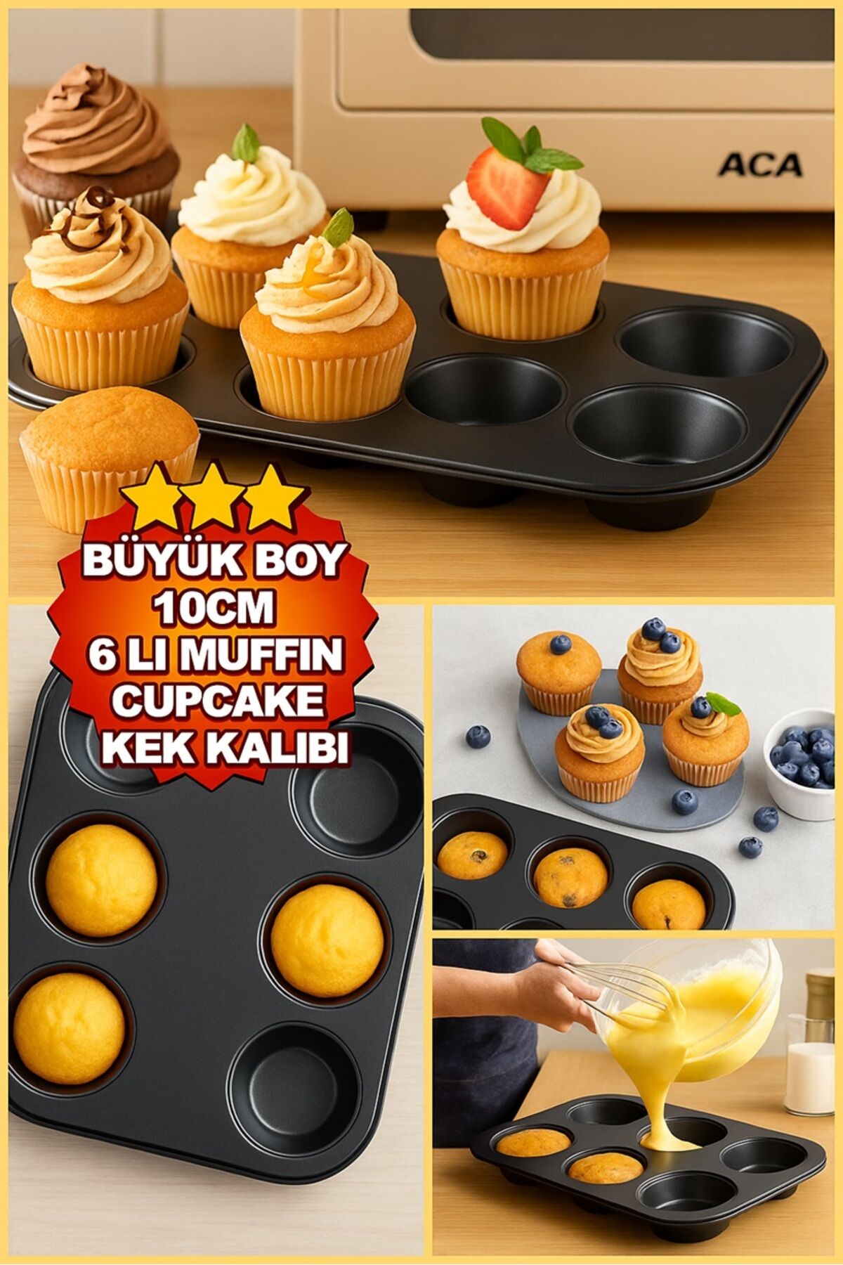 6 Gözlü Büyük Boy Muffin Kek Kalıbı – 10 cm Çaplı, Yapışmaz Cupcake Fırın Kalıbı