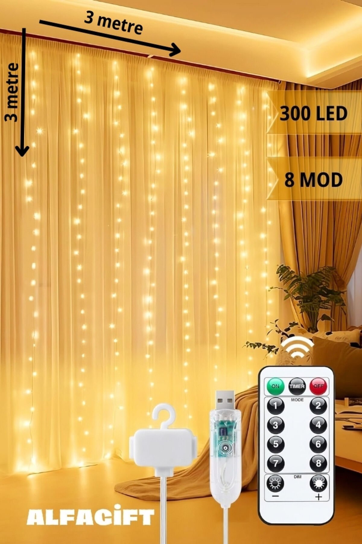 3x3 Metre 8 Fonksiyonlu 300 Ledli Perde Led Işık-Uzaktan Kumandalı GÜNIŞIĞI - Tek Ebat
