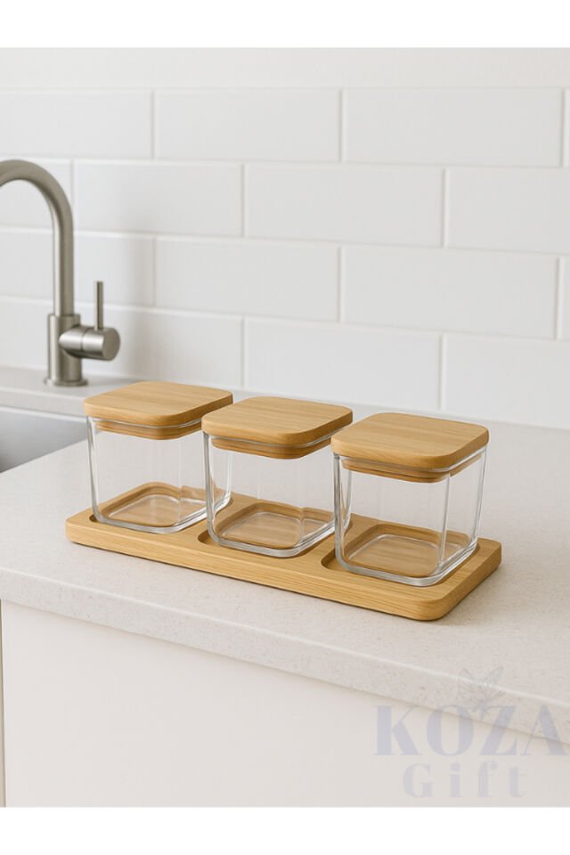 3'lü Cam Kavanoz Seti Ahşap Kapaklı Bambu Standlı Baharat Kuruyemiş Saklama Kabı Minimalist