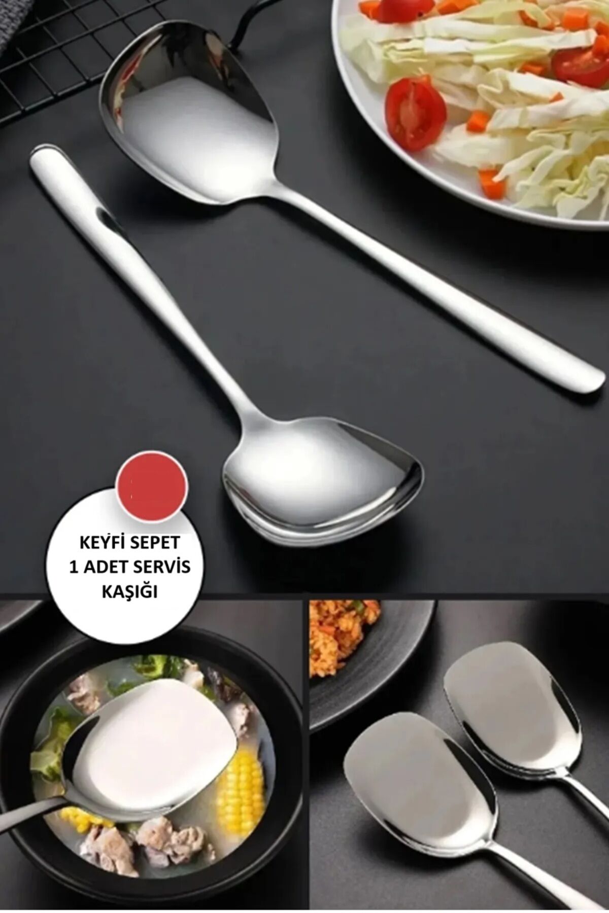 1 ADET Pratik 21 Cm Paslanmaz Çelik Lüx Servis Salata Kaşığı Spatula | Çelik Yemek Servis Kaşığı