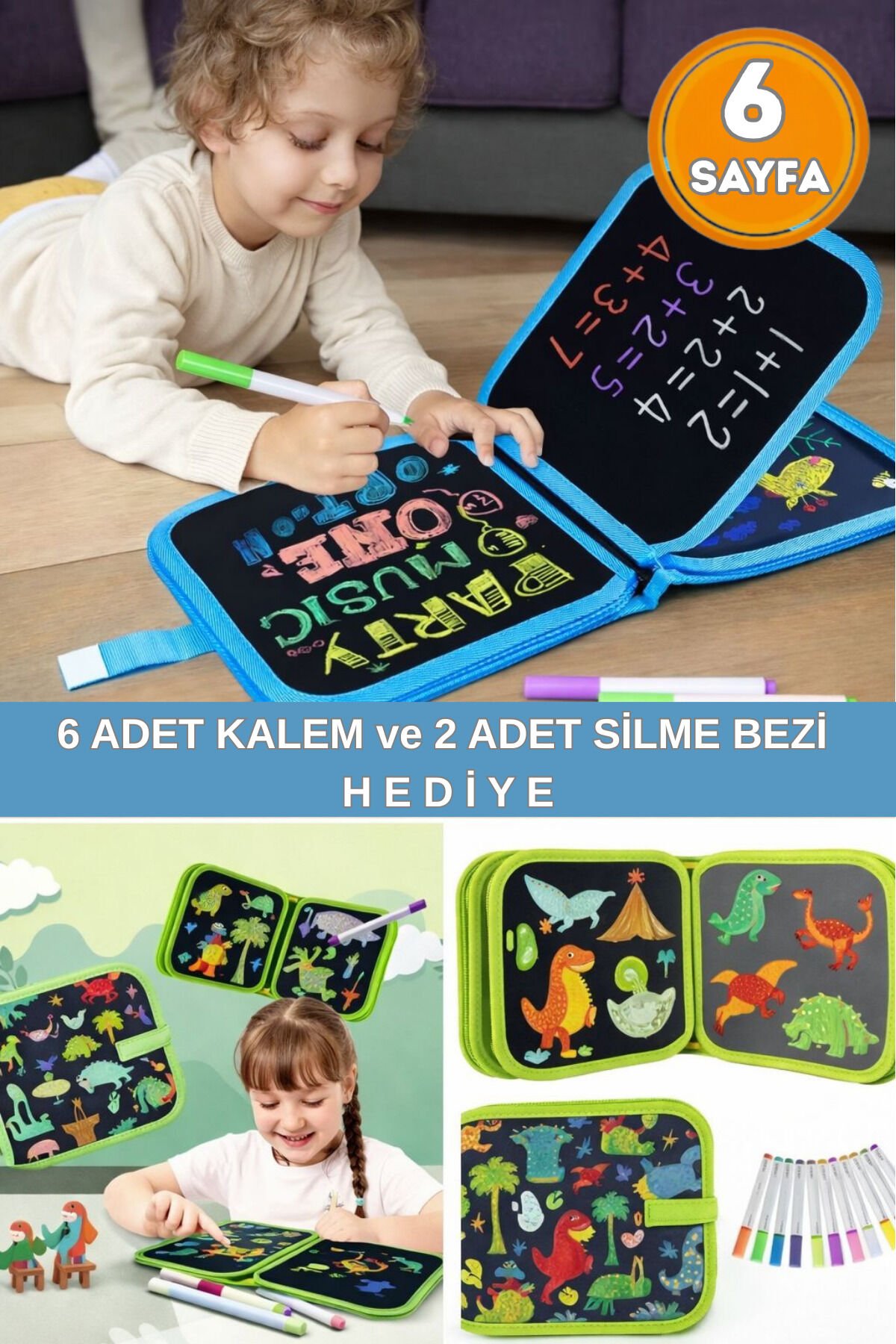 Silinebilir Doodle Çizim Defteri / 6 Adet Kalem ve 2 Adet Silme Bezi HEDİYE Renkli - Tek Ebat