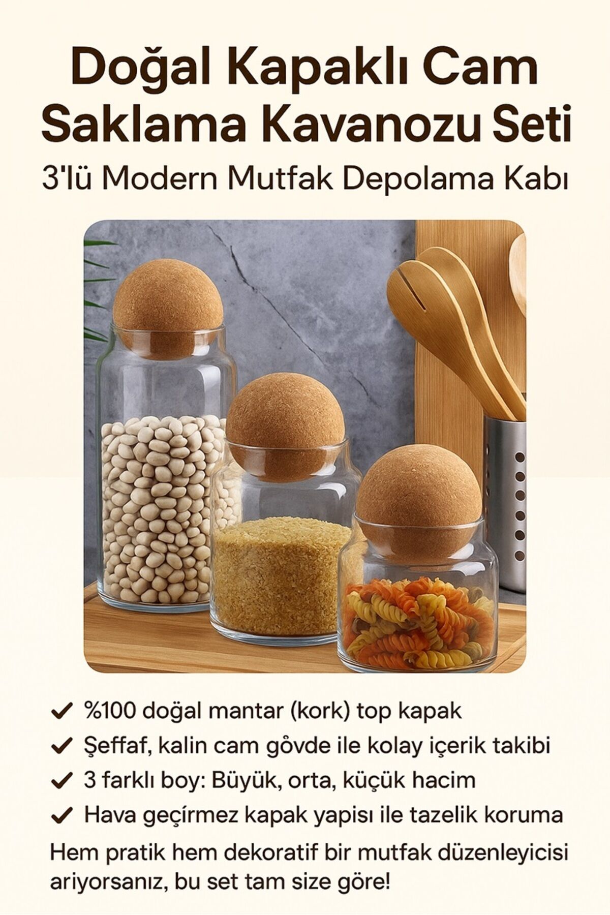 Doğal Kapaklı Cam Saklama Kavanozu Seti – 3'lü Modern Mutfak Depolama Kabı