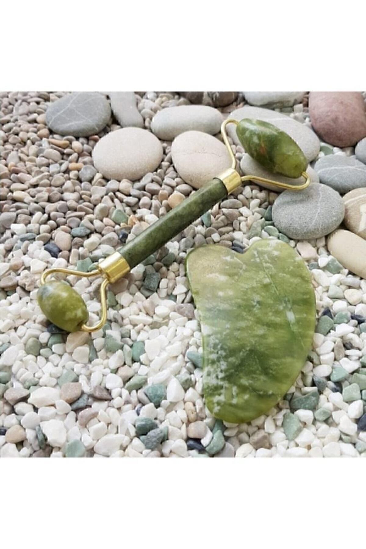 Yeşim Doğal Taş Face Roller + Gua Sha Yüz Masaj Taşı 2'li Set Tek Ebat