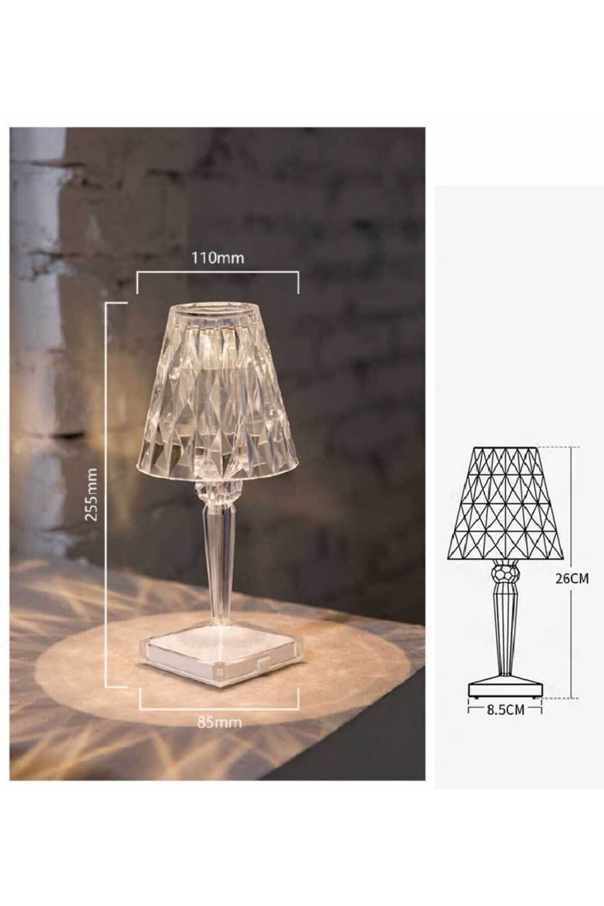 Kristal Masa Lambası Şarjlı Restoran Aydınlatma Led Romantik Light Masa Üstü Sensörlü Dokunmatik Rgb beyaz - Tek Ebat - 225 x 90