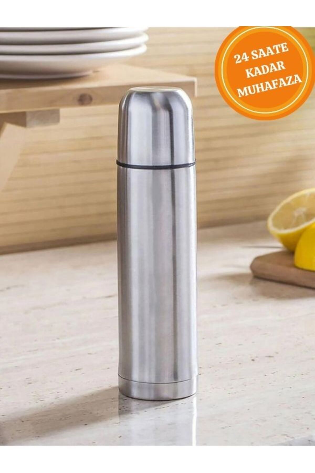 Paslanmaz Çelik Mermi Termos  Bardak Özellikli Kapak 1000 ml 1 Litre Metalik - Tek Ebat