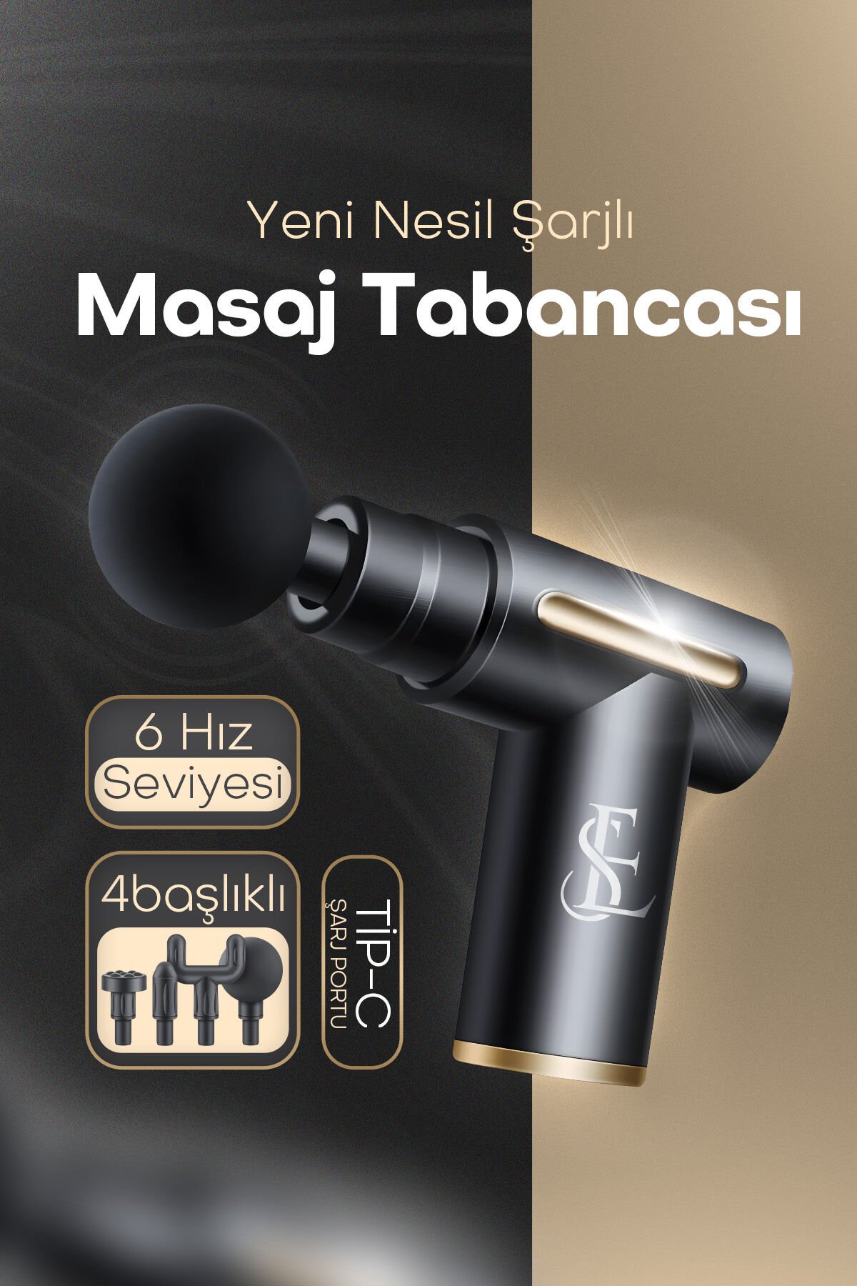 Yeni Nesil Şarjlı Masaj Tabancası Sporcu Masaj Aleti En Siga 4 Başlıklı Gri - Tek Ebat