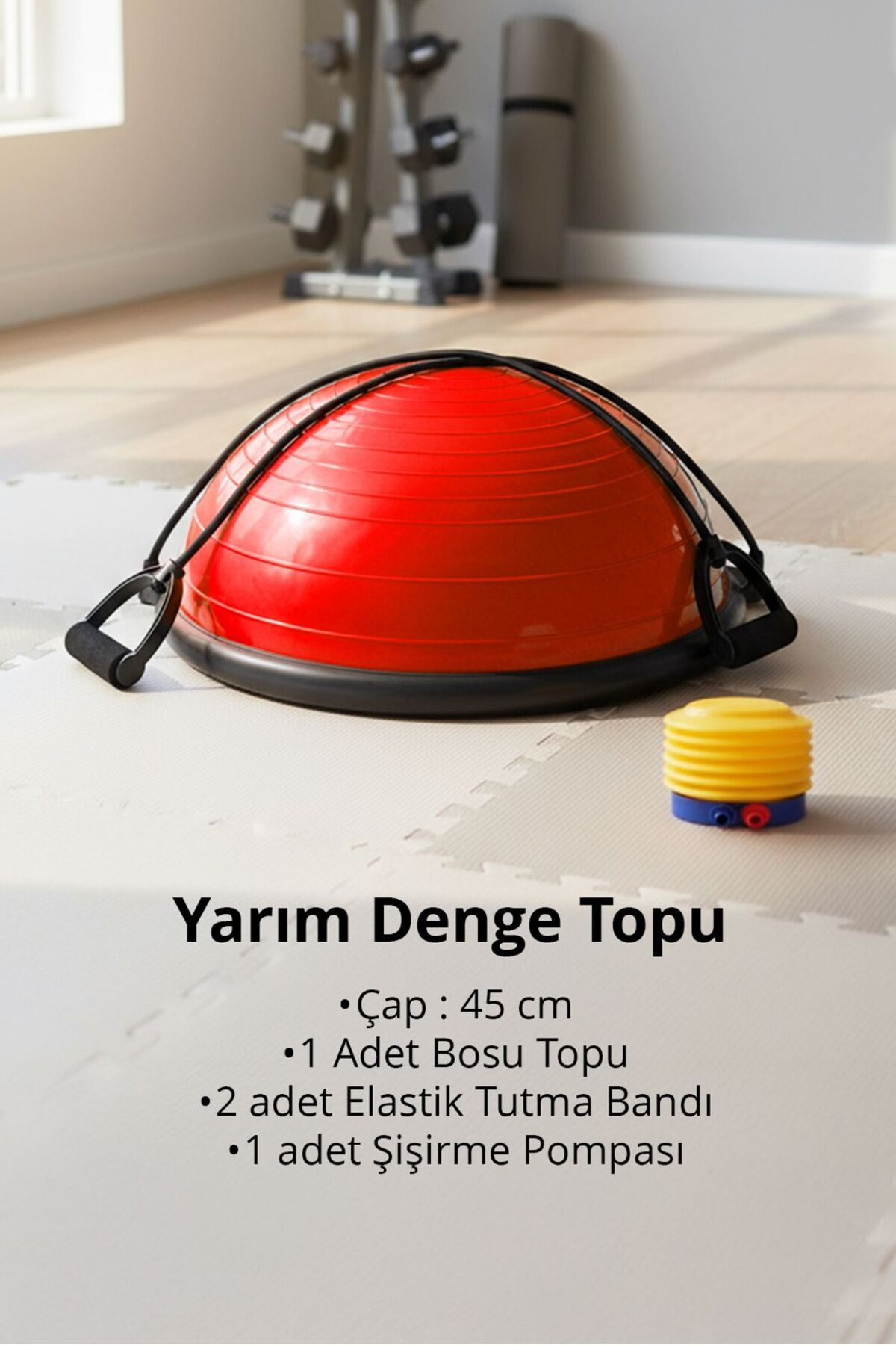 T181‑K Bosu Ball | Denge Topu | 45 cm | Pilates Aleti | Direnç Lastiği + Pompa Dahil | Kaymaz Taban Kırmızı - Tek Ebat