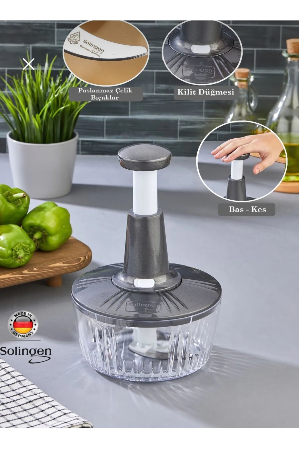 Büyük Boy Paslanmaz Çelik Solingen 3 Bıçaklı Üstten Basmalı El Rondosu Blenderı Sebze Doğrayıcı