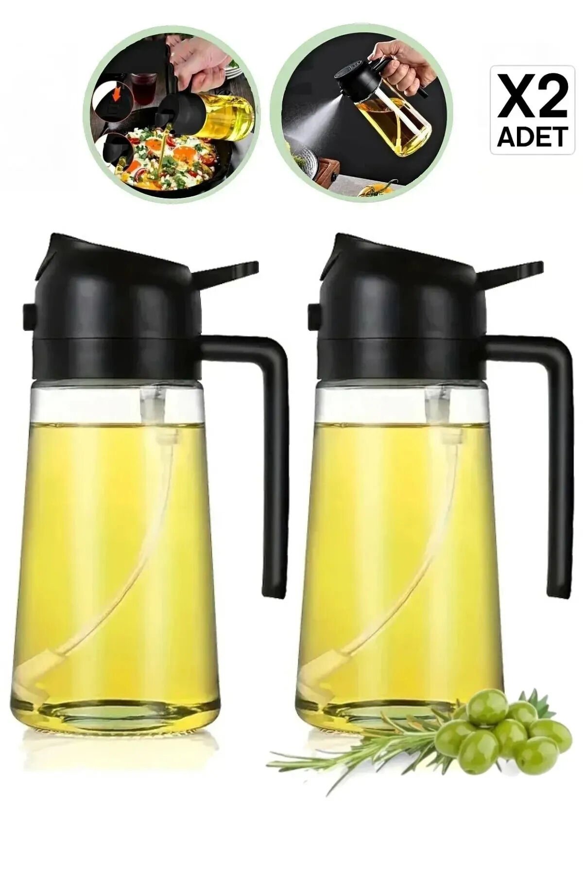 2li Çift Fonksiyonlu Cam Yağdanlık 550ml Zeytinyağı Sıvıyağ Şişesi Airfryer Sprey Yağlık Püskürtücü