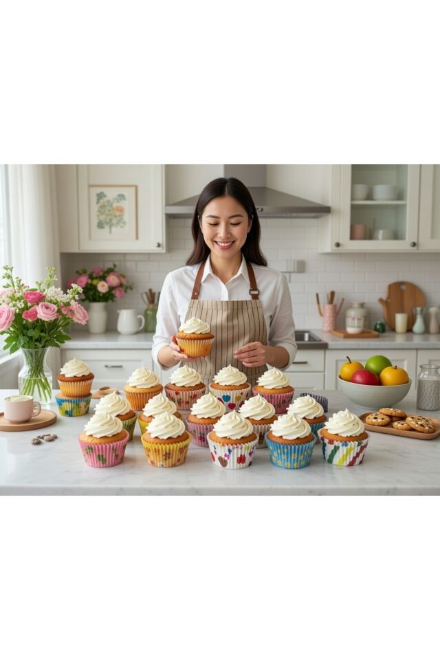 300 Adet Muffin Cupcake Kağıdı, Renkli Kağıt Muffin Kek Kalıbı Desenli Tek Ebat