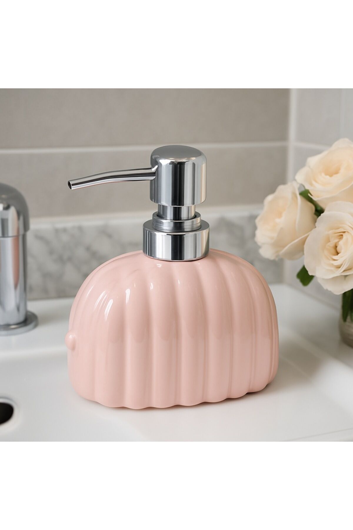 Şık Seramik Kabartma Desenli Sıvı Sabunluk Premium Metal Başlık | Banyo & Mutfak İçin Modern Tasarım Pembe - Tek Ebat
