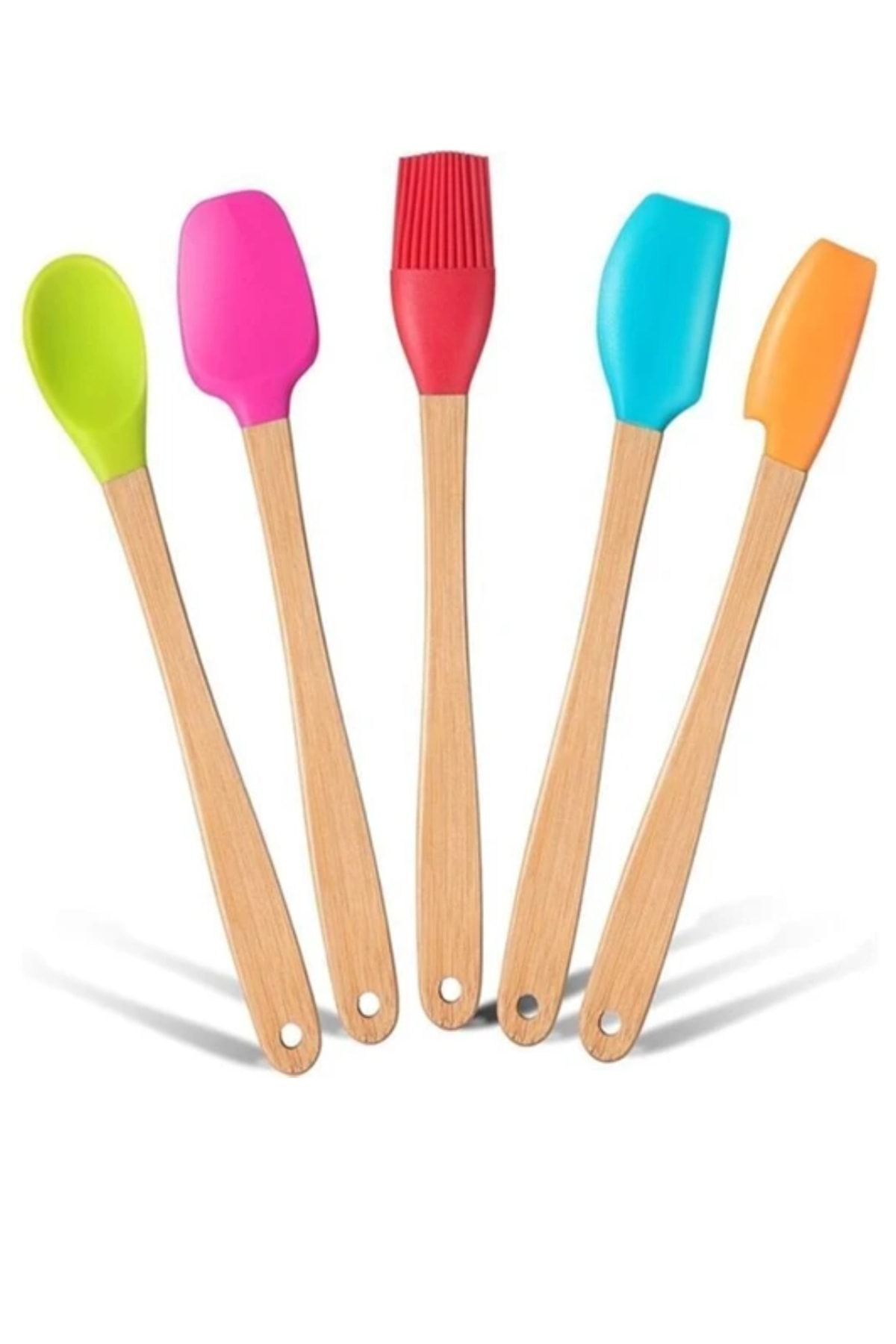 5'li Renkli Bambu Saplı Silikon Uçlu Spatula Fırçalı Kaşık Seti