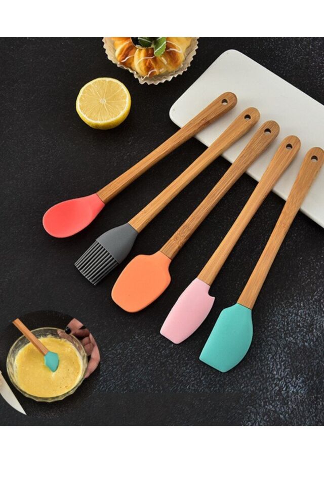 5'li Renkli Bambu Saplı Silikon Uçlu Spatula Fırçalı Kaşık Seti