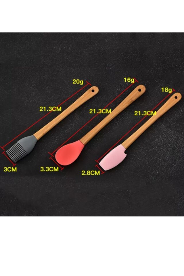 5'li Renkli Bambu Saplı Silikon Uçlu Spatula Fırçalı Kaşık Seti