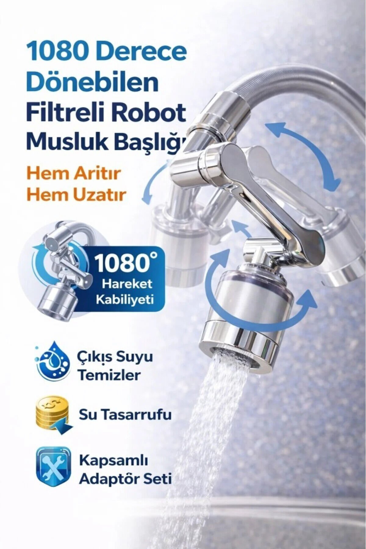 1080 Derece Dönen Hareketli Musluk Başlığı Banyo Mutfak Musluk Başlığı Robotik Musluk Ucu filtreli GRİ - Tek Ebat