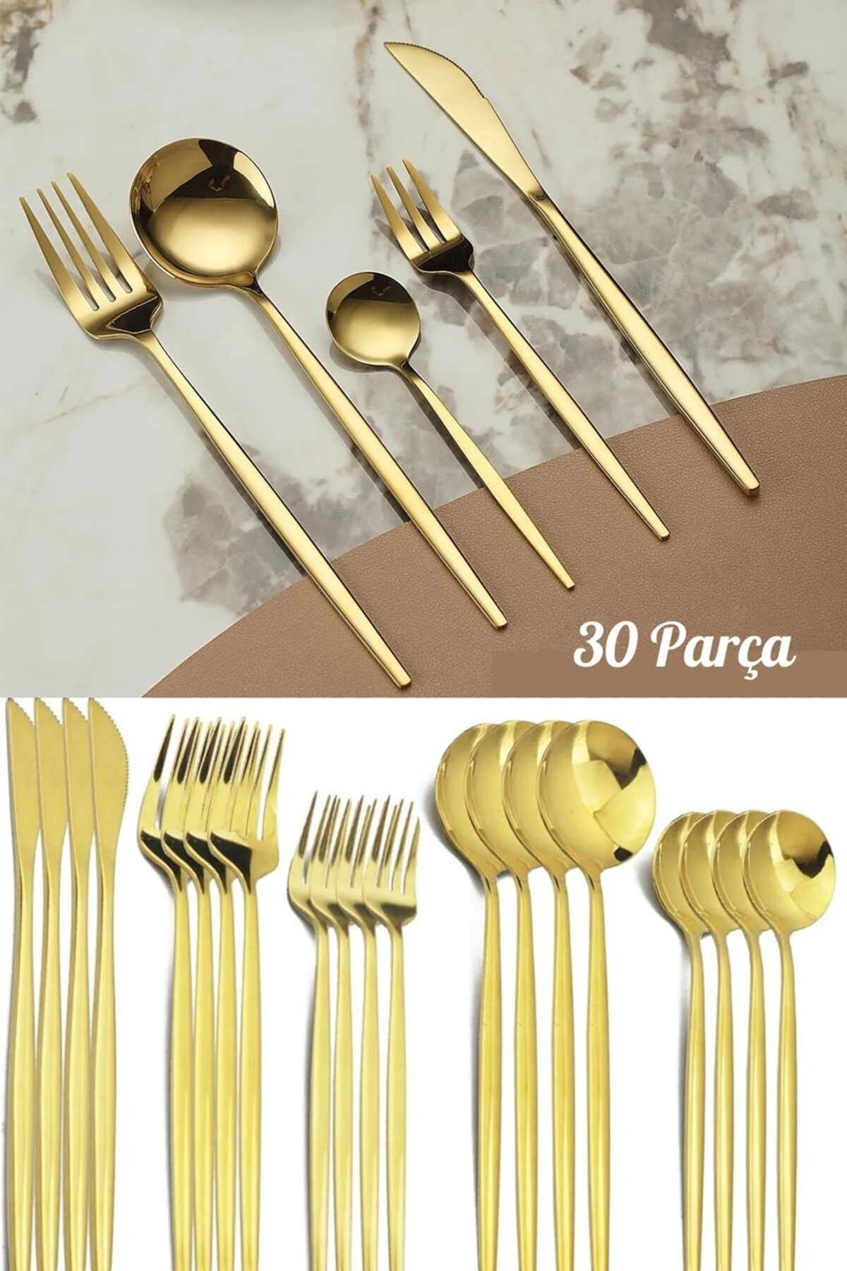 30 Parça 6 Kişilik Titanyum Gold Çatal Kaşık Bıçak Takımı 3mm