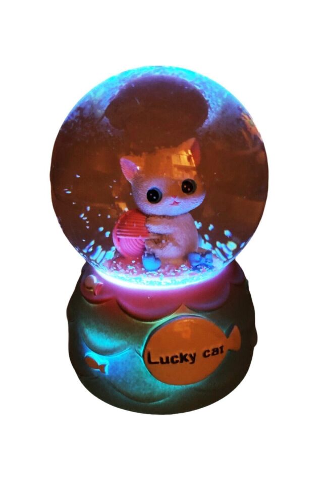 Lucky Cat Yumak Kedi Tasarımlı Renk Değiştiren Müzikli Işıklı Kar Küresi Tek Ebat