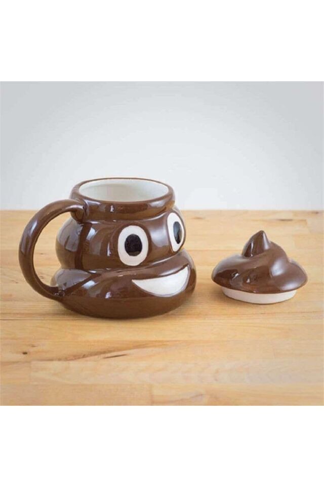 Sevimli Poo Şekilli Kapaklı 3D Kupa, Kahverengi, Hediye Fincan
