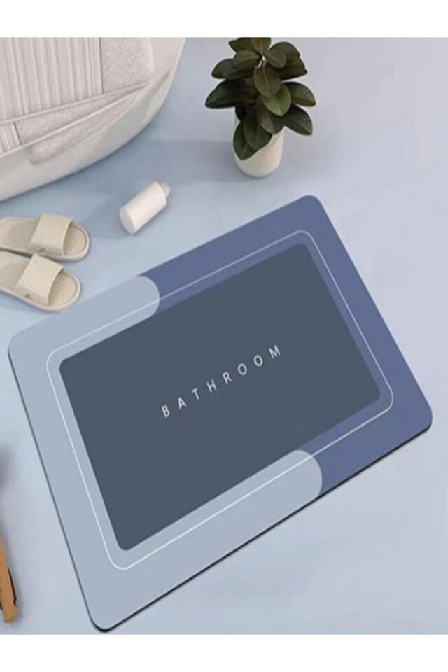 Mavi Dikdörgen Su Çeken Hızlı Kuruyan Banyo Duş Abdest Paspas Bathroom Yazılı