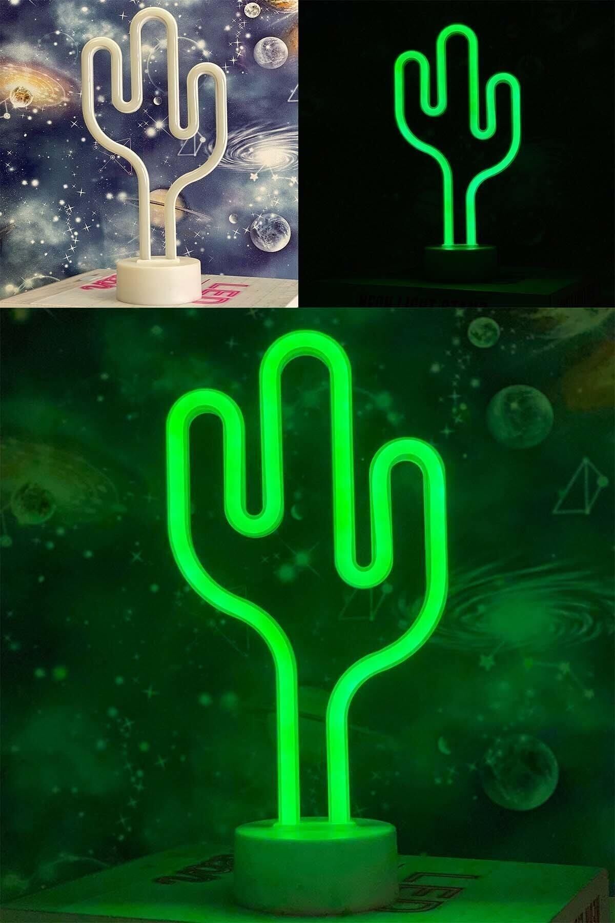 Yeşil Kaktüs Model Neon Led Işıklı Masa Lambası Dekoratif Aydınlatma Gece Lambası Tek Ebat