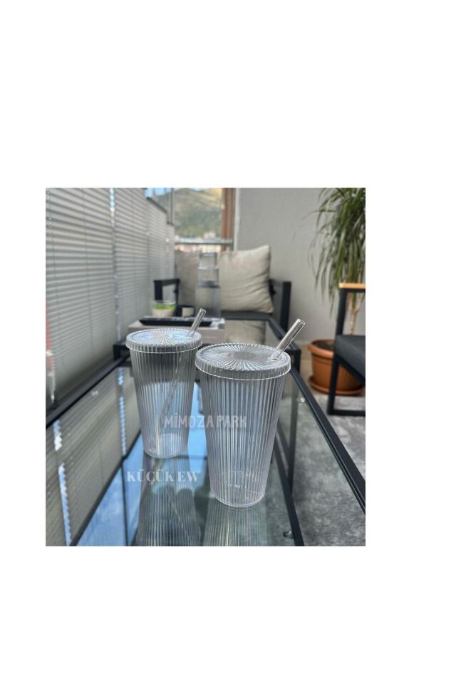 MİKA 2 Adet 600 Ml Mika Kapaklı Pipetli Origami Stil Mika Bardak | Sunum Bardağı Meşrubat Bardağı