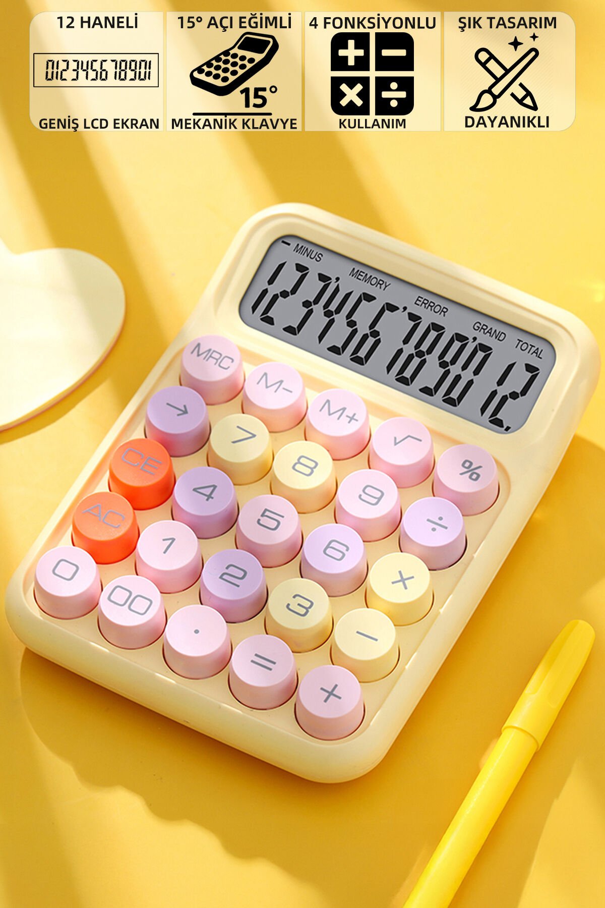 Mio CL12 Mekanik Tuşlu 12 Haneli Büyük Ekranlı 4 Fonksiyonlu Hesap Makinesi - Sarı