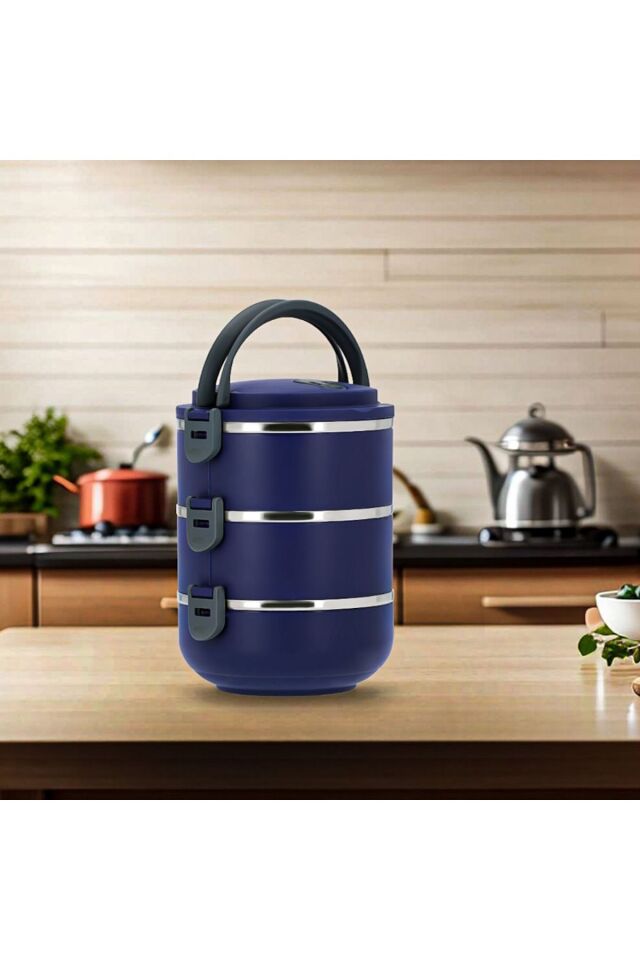 3 Katlı Sefer Tası Yemek Termosu Saklama Kabı Lacivert