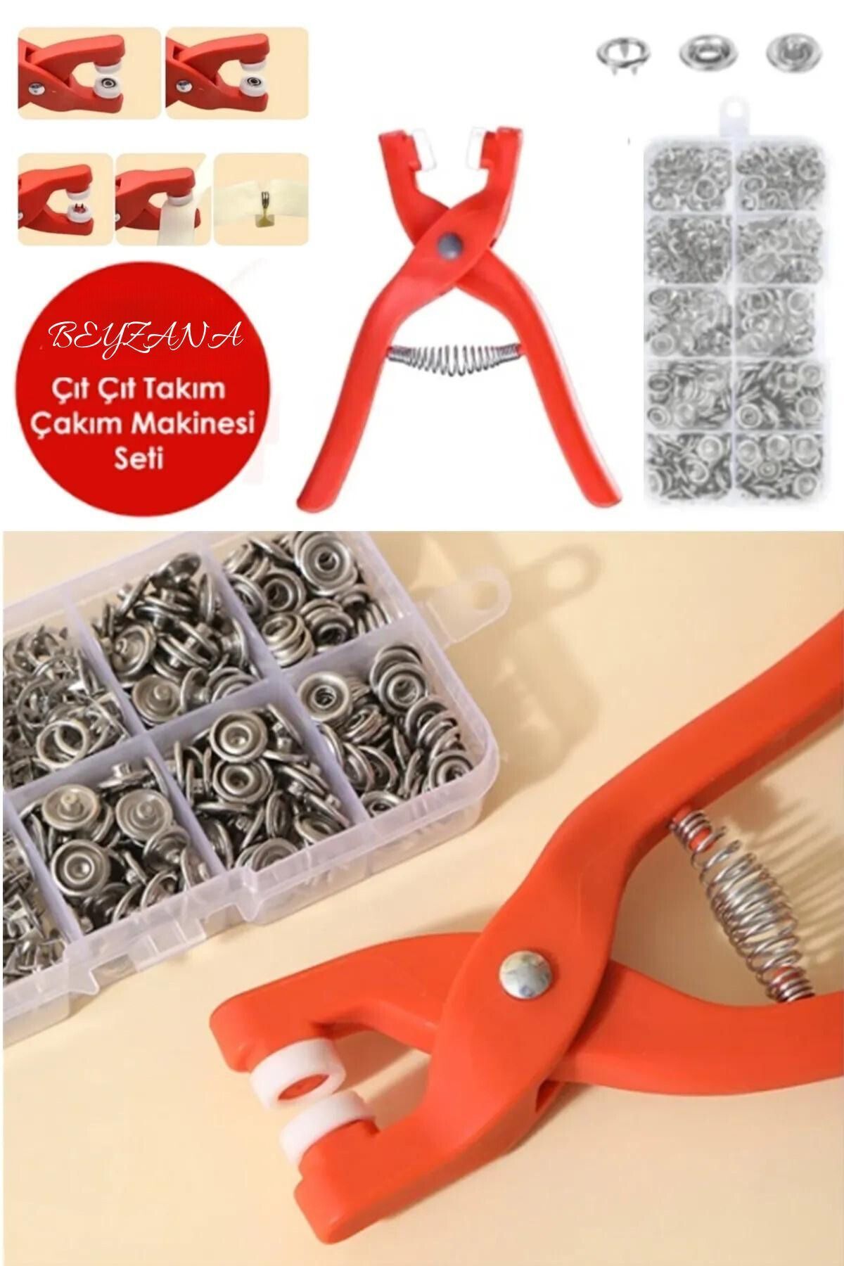 Pratik 100'lü Çıt Çıt Takma Çakım Makinesi Takım Seti Saklama Kutusu Dahil 9.5 Mm Çıt Çıt Takma Seti