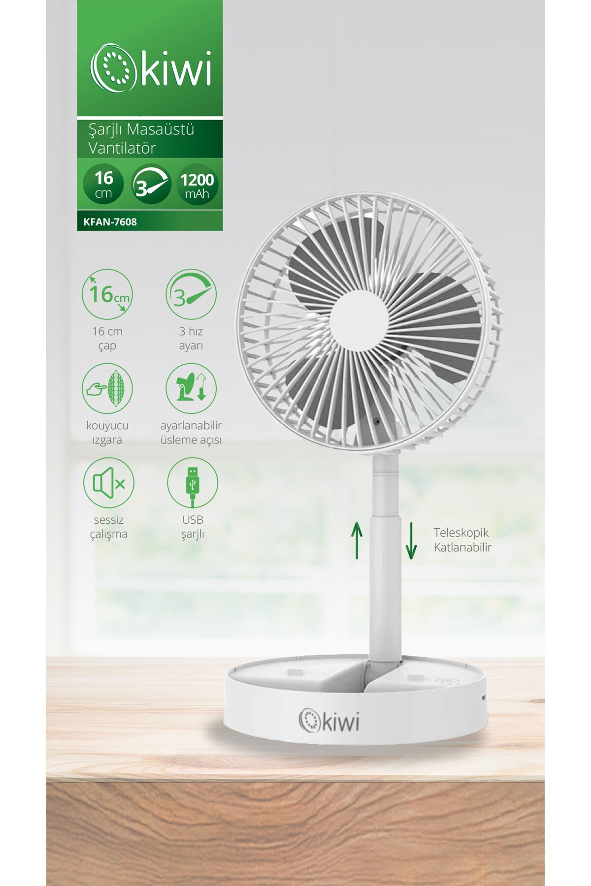 Kfan-7608 Şarjlı Beyaz Katlanılabilir Mini Fan Masa Üstü Vantilatörü Usb Soğutucu Sessiz El Fanı