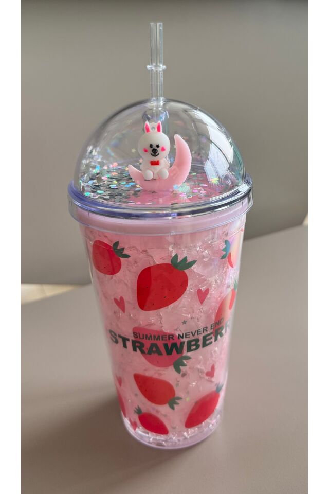 Meyve Desenli Summer Simli-Pullu Pipetli Bardak-Soğuk İçecek Suluk,Lime-Strawberry Kokteyl
