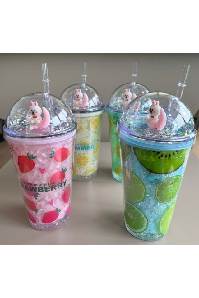Meyve Desenli Summer Simli-Pullu Pipetli Bardak-Soğuk İçecek Suluk,Lime-Strawberry Kokteyl