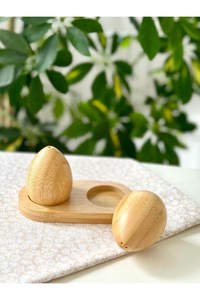 Bambu Yumurta Model Tuzluk & Biberlik Ahşap Bej